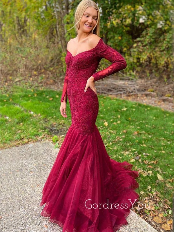 Off Shoulder Long Sleeves Burgundy Tulle Appliques Mermaid Lace Long Evening Prom Dresses, MR7590