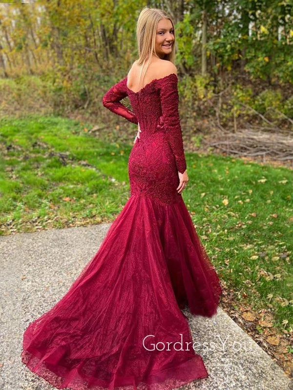 Off Shoulder Long Sleeves Burgundy Tulle Appliques Mermaid Lace Long Evening Prom Dresses, MR7590