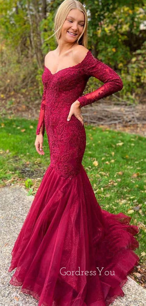 Off Shoulder Long Sleeves Burgundy Tulle Appliques Mermaid Lace Long Evening Prom Dresses, MR7590