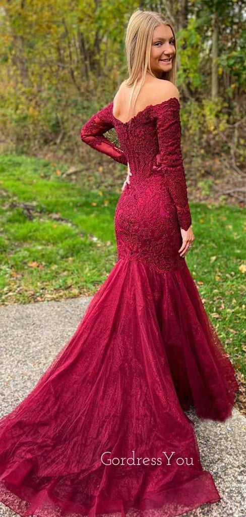 Off Shoulder Long Sleeves Burgundy Tulle Appliques Mermaid Lace Long Evening Prom Dresses, MR7590