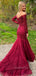 Off Shoulder Long Sleeves Burgundy Tulle Appliques Mermaid Lace Long Evening Prom Dresses, MR7590