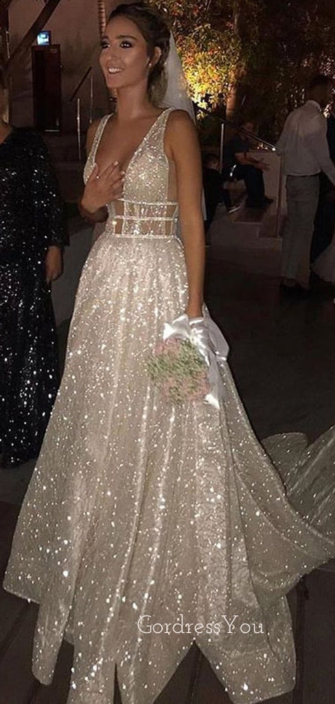 A-line See Throuth Deep V Neck Sparkly Long Evening Prom Dresses, Wedding  Dresses, MR7600