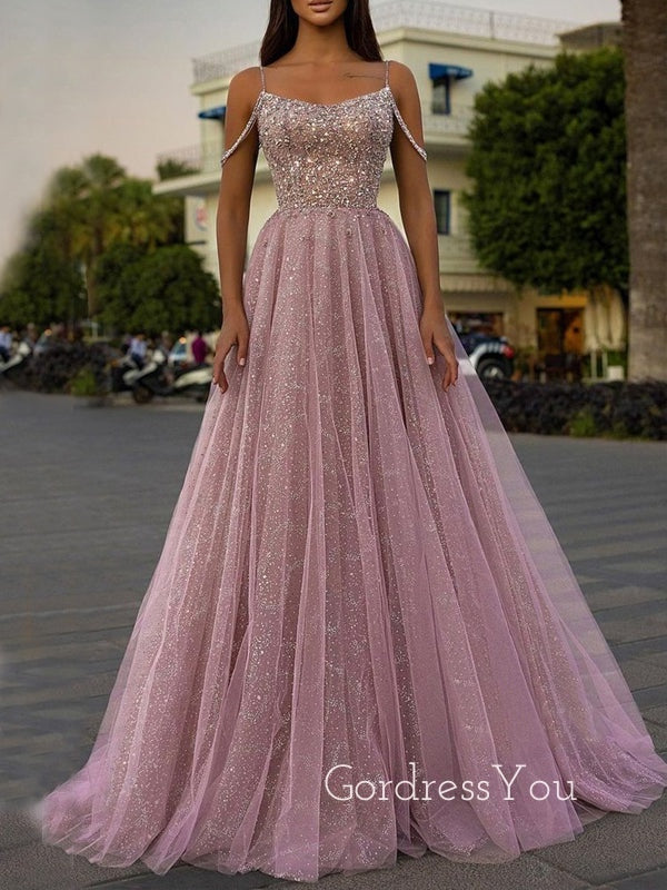 Spaghetti Straps Pink Tulle Beaded Long Evening Prom Dresses, Cheap Custom Prom Dresses, MR7602