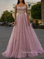 Spaghetti Straps Pink Tulle Beaded Long Evening Prom Dresses, Cheap Custom Prom Dresses, MR7602