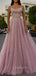 Spaghetti Straps Pink Tulle Beaded Long Evening Prom Dresses, Cheap Custom Prom Dresses, MR7602