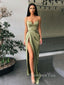 Spaghetti Straps Olive Green Satin Side Slit Long Evening Prom Dresses, Cheap Custom Prom Dresses, MR7603