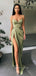 Spaghetti Straps Olive Green Satin Side Slit Long Evening Prom Dresses, Cheap Custom Prom Dresses, MR7603