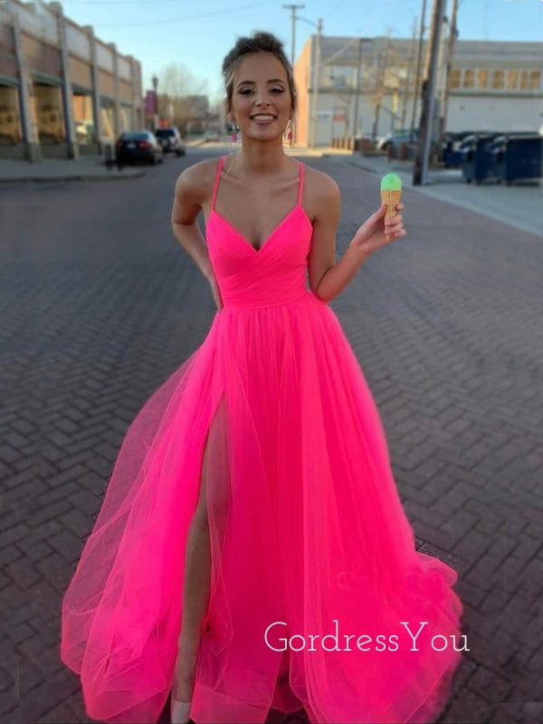 Hot Pink Tulle V-neck Pleat A-line Simple Spaghetti Straps Long Evening Prom Dresses, Cheap Custom Prom Dress, MR7608