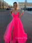 Hot Pink Tulle V-neck Pleat A-line Simple Spaghetti Straps Long Evening Prom Dresses, Cheap Custom Prom Dress, MR7608