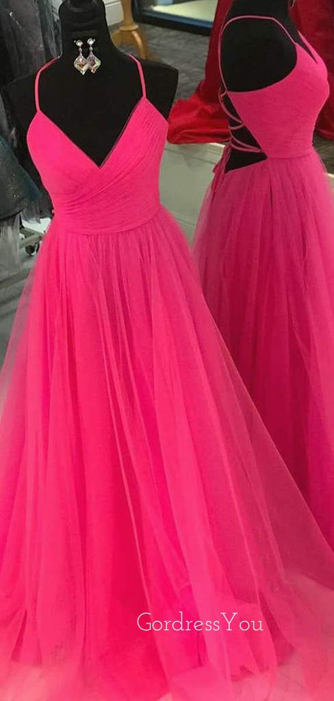 Hot Pink Tulle V-neck Pleat A-line Simple Spaghetti Straps Long Evening Prom Dresses, Cheap Custom Prom Dress, MR7608