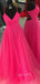 Hot Pink Tulle V-neck Pleat A-line Simple Spaghetti Straps Long Evening Prom Dresses, Cheap Custom Prom Dress, MR7608