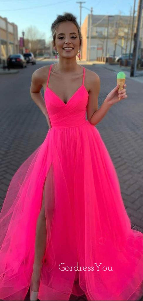 Hot Pink Tulle V-neck Pleat A-line Simple Spaghetti Straps Long Evening Prom Dresses, Cheap Custom Prom Dress, MR7608