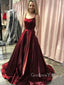 A-line Burgundy Satin Spaghetti Straps Backless Long Evening Prom Dresses, Cheap Custom prom dresses, MR7612