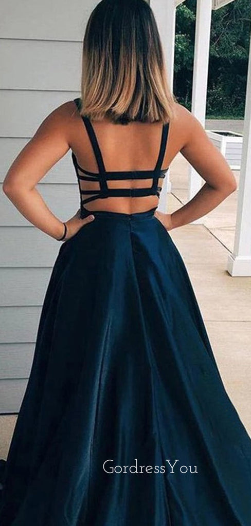 A-line Burgundy Satin Spaghetti Straps Backless Long Evening Prom Dresses, Cheap Custom prom dresses, MR7612