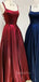 A-line Burgundy Satin Spaghetti Straps Backless Long Evening Prom Dresses, Cheap Custom prom dresses, MR7612