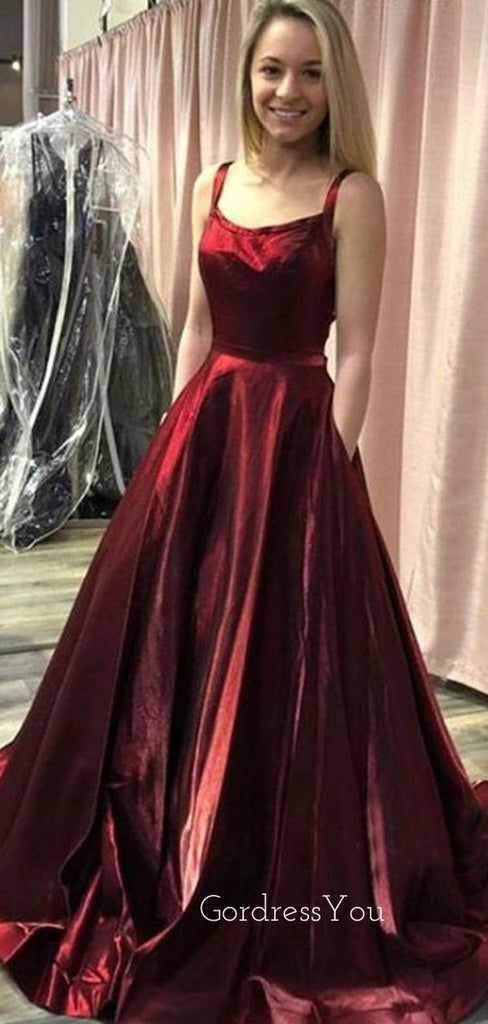 A-line Burgundy Satin Spaghetti Straps Backless Long Evening Prom Dresses, Cheap Custom prom dresses, MR7612