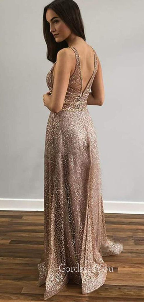 V-neck A-line Sequin Long Evening Prom Dresses, Cheap Custom Prom Dress, MR7621