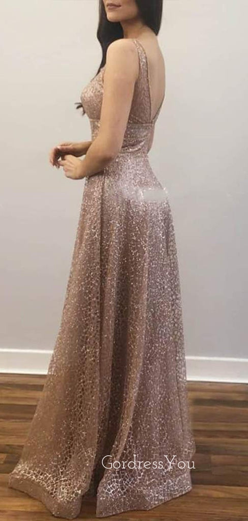 V-neck A-line Sequin Long Evening Prom Dresses, Cheap Custom Prom Dress, MR7621