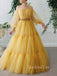 Off Shoulder Long Sleeves Yellow Tulle Long Evening Prom Dresses, Cheap Custom Prom Dress, MR7633