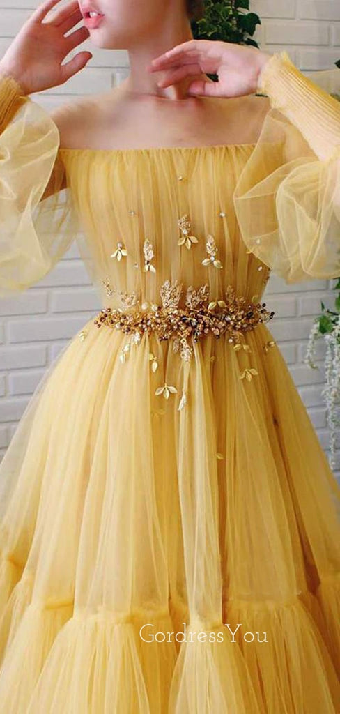 Off Shoulder Long Sleeves Yellow Tulle Long Evening Prom Dresses, Cheap Custom Prom Dress, MR7633