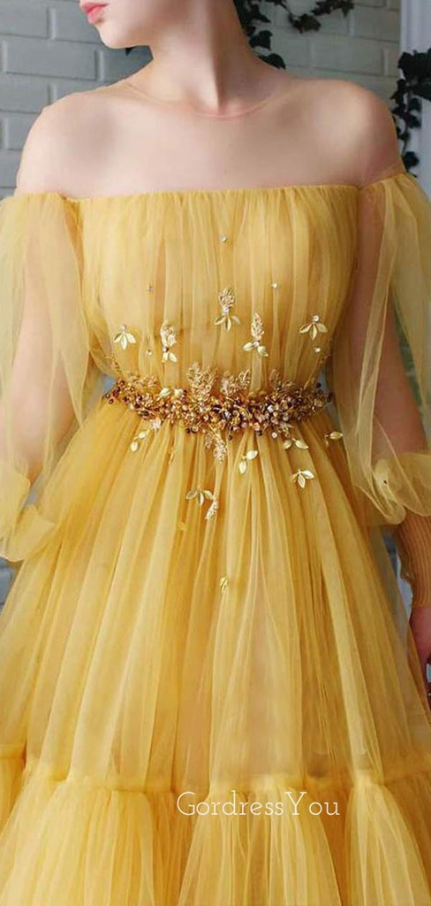 Off Shoulder Long Sleeves Yellow Tulle Long Evening Prom Dresses, Cheap Custom Prom Dress, MR7633