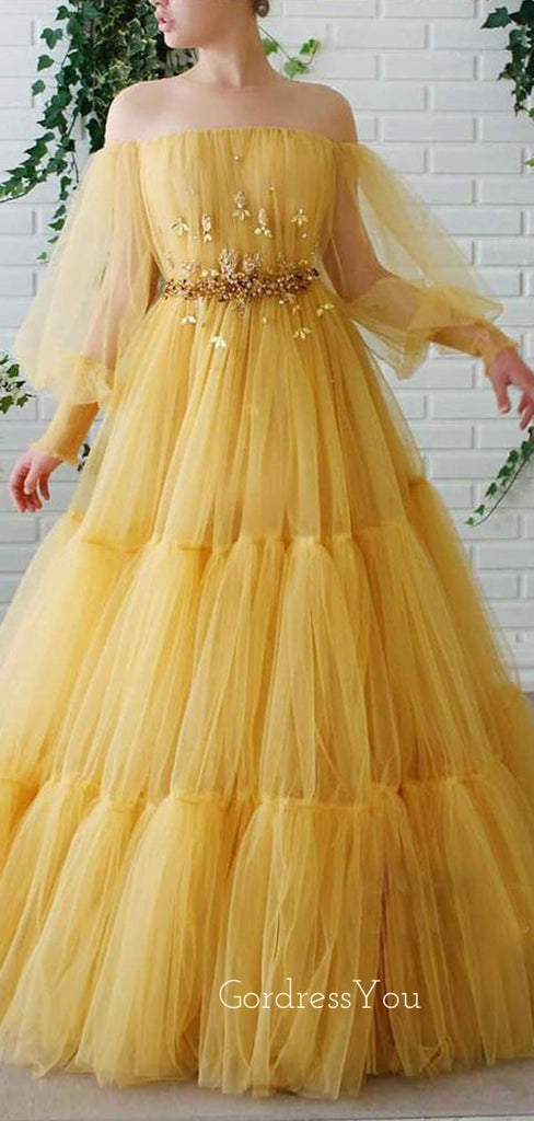 Off Shoulder Long Sleeves Yellow Tulle Long Evening Prom Dresses, Cheap Custom Prom Dress, MR7633