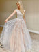 A-line Cap Sleeves Champagne Tulle Appliques Lace Long Evening Prom Dresses, Cheap Custom Prom Dresses, MR7637