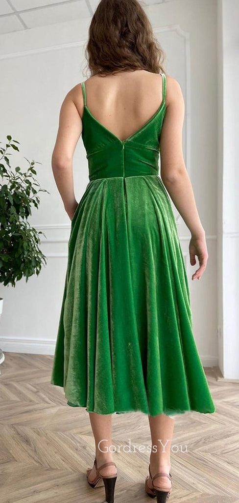 Women's Spaghetti Straps Green Velvet Vintage Long Evening Prom Dresses, Cheap Custom Prom Dresses, MR7640