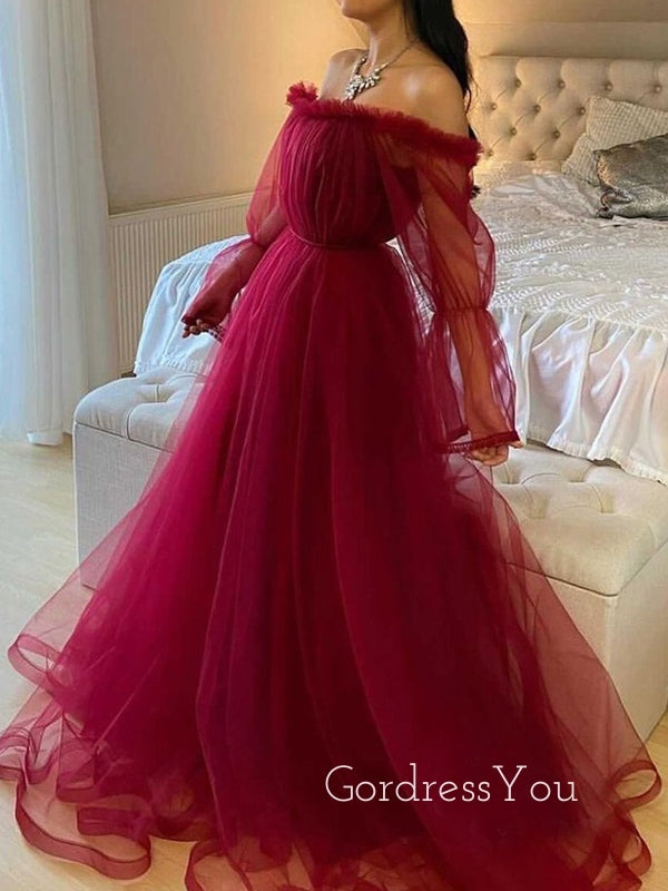 Off Shoulder Long Sleeves Burgundy Tulle Long Evening Prom Dresses, Cheap Custom Prom Dress, MR7641