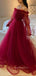 Off Shoulder Long Sleeves Burgundy Tulle Long Evening Prom Dresses, Cheap Custom Prom Dress, MR7641