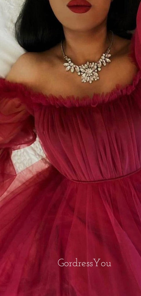 Off Shoulder Long Sleeves Burgundy Tulle Long Evening Prom Dresses, Cheap Custom Prom Dress, MR7641