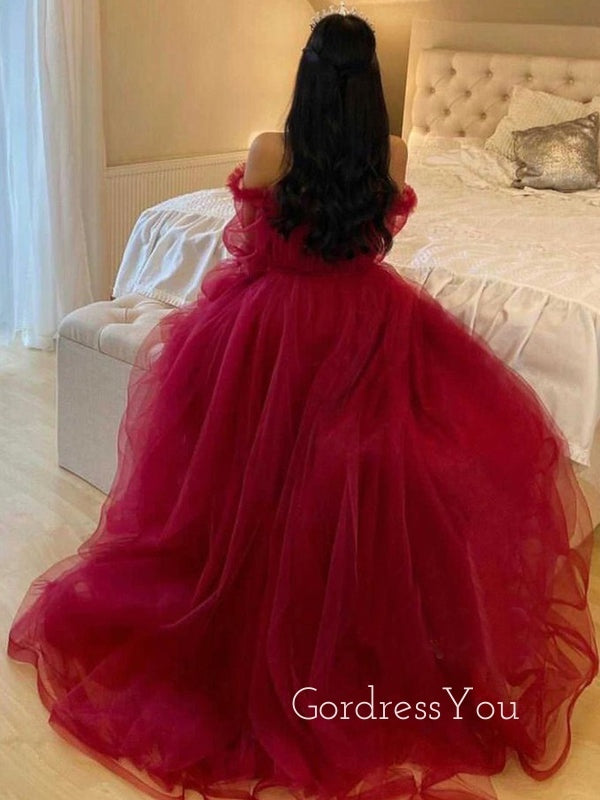 Off Shoulder Long Sleeves Burgundy Tulle Long Evening Prom Dresses, Cheap Custom Prom Dress, MR7641