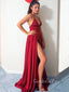 Burgundy Elastic Satin V Neck High Split Sexy Long Evening Prom Dresses, MR7642