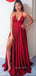 Burgundy Elastic Satin V Neck High Split Sexy Long Evening Prom Dresses, MR7642