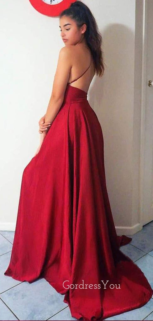 Burgundy Elastic Satin V Neck High Split Sexy Long Evening Prom Dresses, MR7642