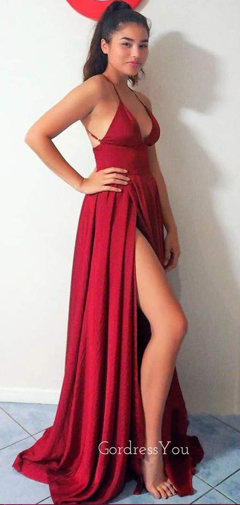 Burgundy Elastic Satin V Neck High Split Sexy Long Evening Prom Dresses, MR7642