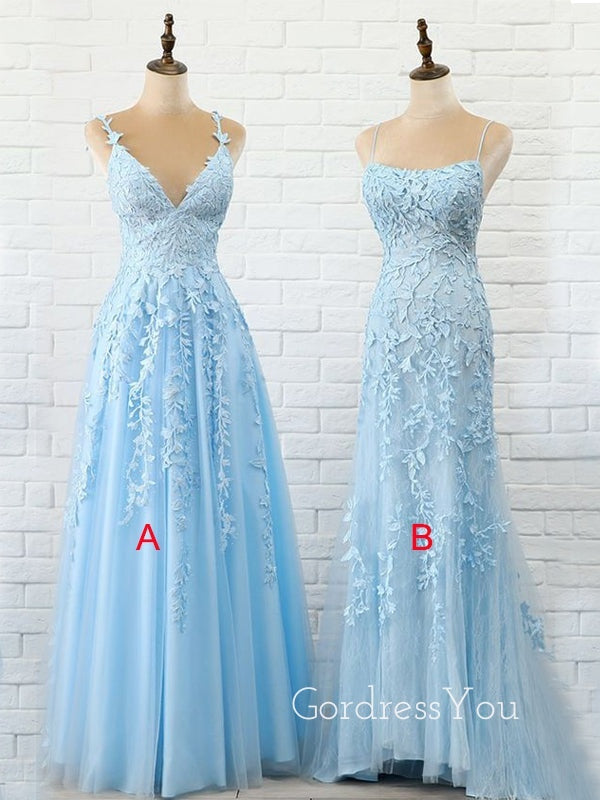 Blue Tulle Applique Lace Long Evening Prom Dresses, Cheap Prom Dress, MR7649