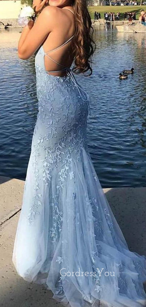 Blue Tulle Applique Lace Long Evening Prom Dresses, Cheap Prom Dress, MR7649