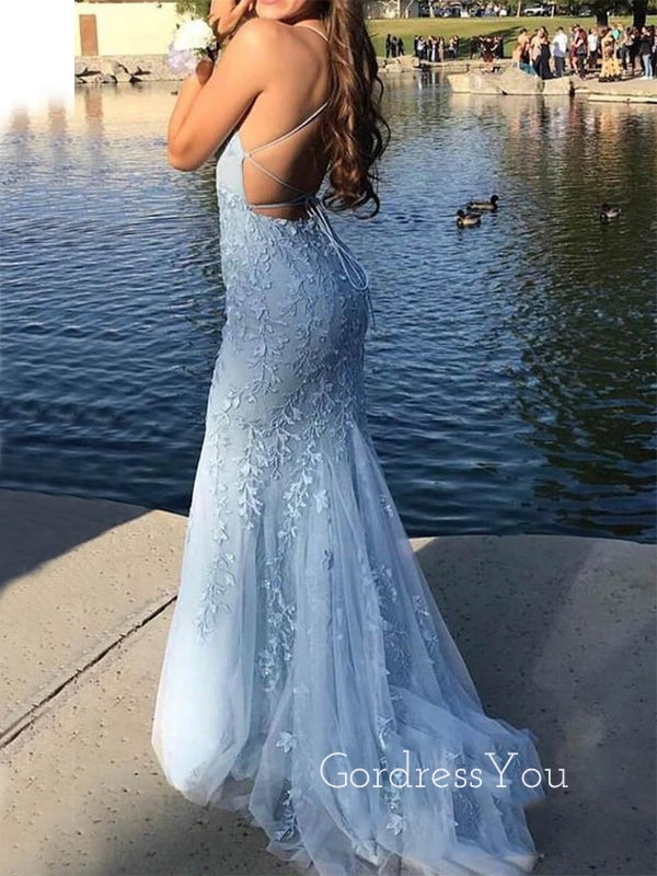 Blue Tulle Applique Lace Long Evening Prom Dresses, Cheap Prom Dress, MR7649