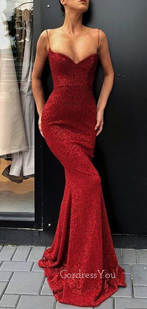 Burgundy Sequin Spaghetti Straps Long Mermaid Evening Prom Dresses, Cheap Custom Prom Dresses, MR7652