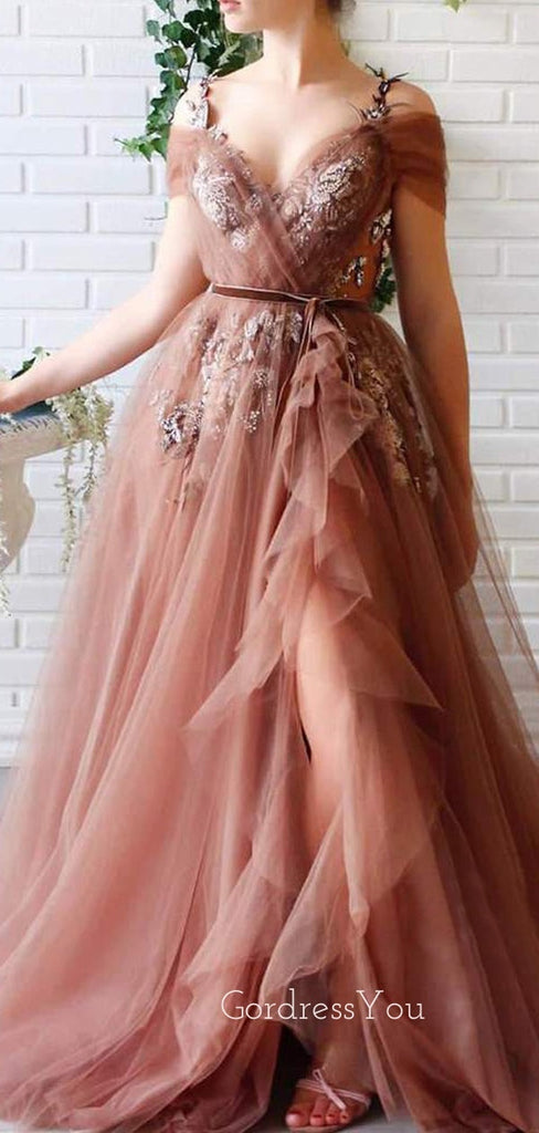 A-line V-neck Spaghetti Straps Tulle Appliques Long Evening Prom Dresses, Cheap Custom Prom Dress, MR7657