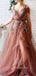 A-line V-neck Spaghetti Straps Tulle Appliques Long Evening Prom Dresses, Cheap Custom Prom Dress, MR7657