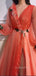 A-line V-neck Long Sleeves High Split Long Evening Prom Dresses, Cheap Custom Prom Dress, MR7665