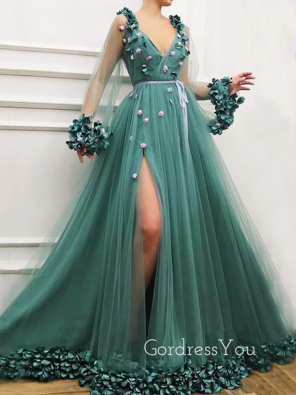 A-line V-neck Long Sleeves Green Tulle 3D Appliques Long Evening Prom Dresses, Cheap Custom Prom Dress, MR7666