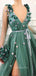 A-line V-neck Long Sleeves Green Tulle 3D Appliques Long Evening Prom Dresses, Cheap Custom Prom Dress, MR7666