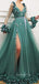 A-line V-neck Long Sleeves Green Tulle 3D Appliques Long Evening Prom Dresses, Cheap Custom Prom Dress, MR7666