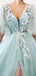 A-Line Sky Blue Tulle Appliques Side Slit Long Evening Prom Dresses, Cheap Custom Prom Dress, MR7667