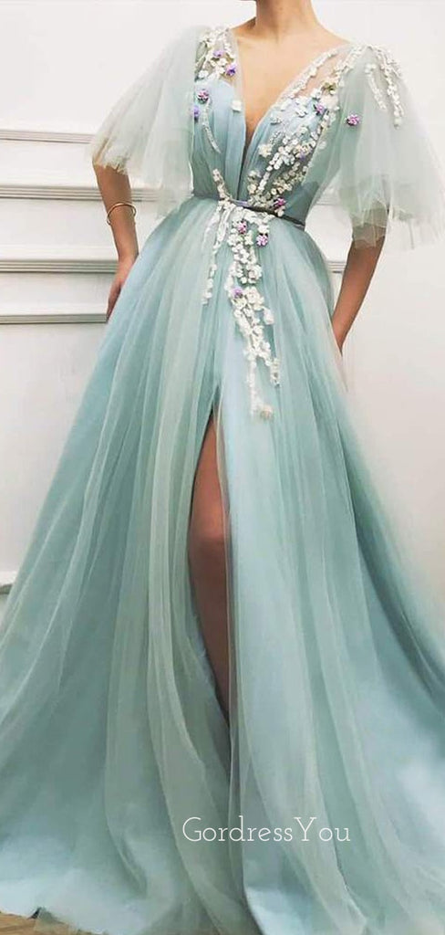 A-Line Sky Blue Tulle Appliques Side Slit Long Evening Prom Dresses, Cheap Custom Prom Dress, MR7667