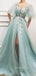 A-Line Sky Blue Tulle Appliques Side Slit Long Evening Prom Dresses, Cheap Custom Prom Dress, MR7667