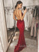 Sexy Backless Burgundy Sequin Spaghetti Straps  Long Mermaid Evening Prom Dresses, Cheap Custom Prom Dresses, MR7671